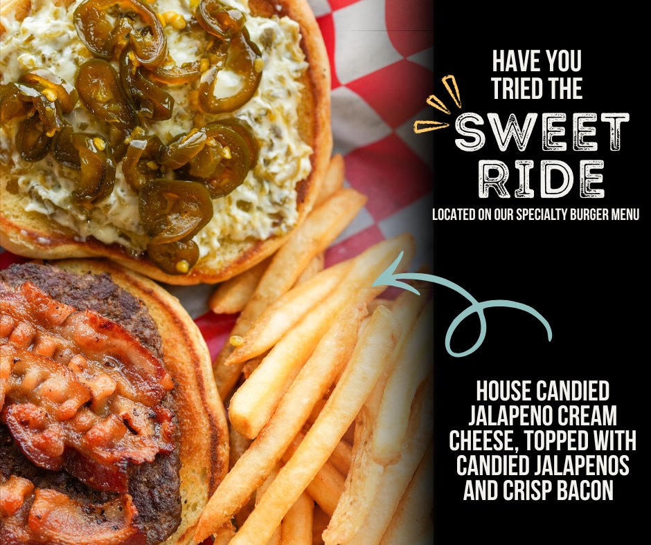 The Sweet Ride burger — house candied jalapeño cream cheese, candied jalapeños and crisp bacon