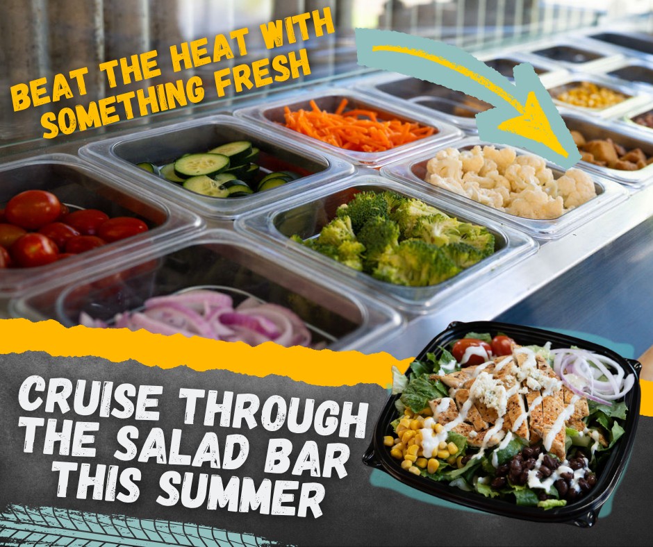 Build-your-own salad bar with fresh veggies and a finished grilled chicken salad